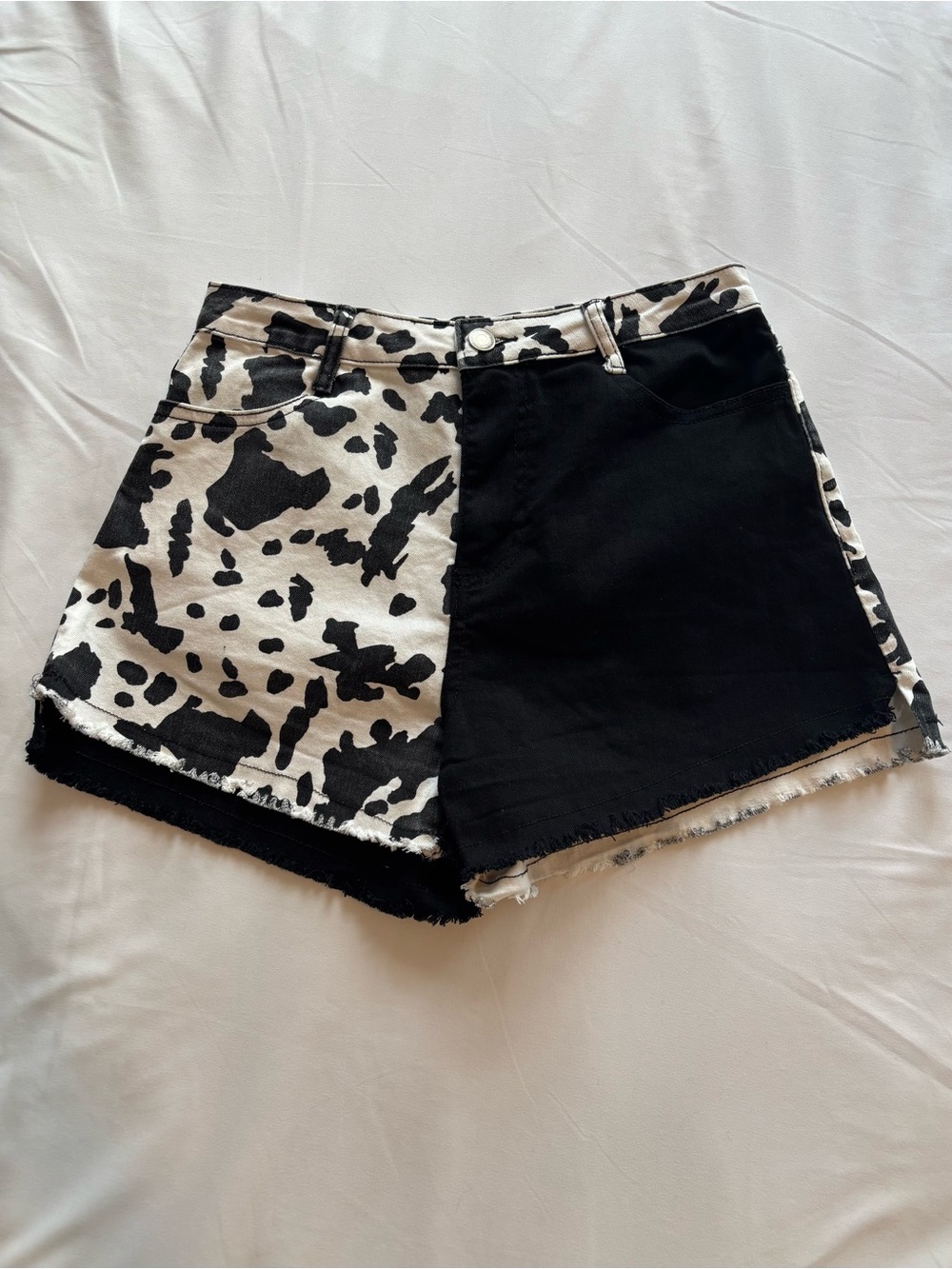 Saints and Hearts Black and White Cow Print Jean Denim High Low Shorts Rodeo